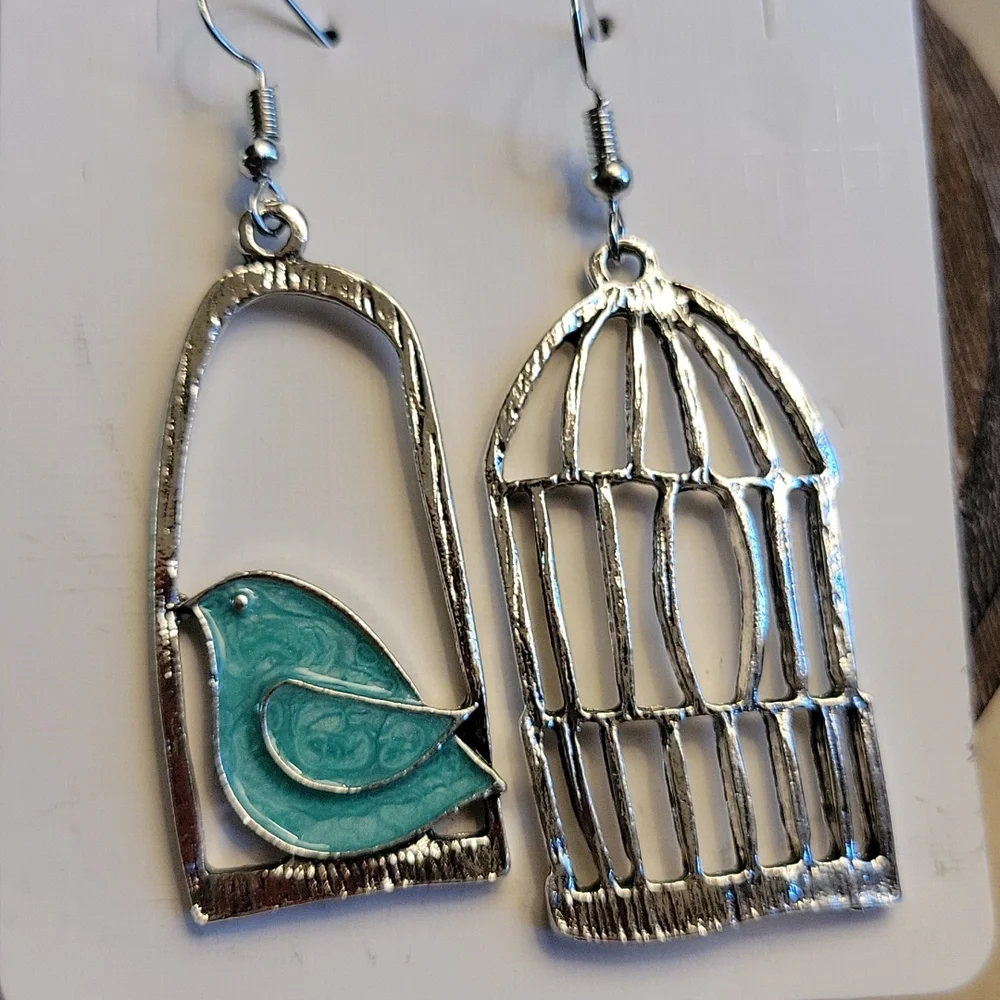 Oversized Bird and Birdcage Silver Drop Dangle Earrings - Picture 3 of 4